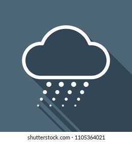 Snow and cloud. Linear, thin outline. White flat icon with long shadow on background