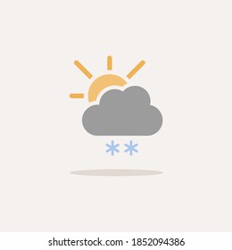 Snow, cloud and sun. Color icon with shadow. Weather vector illustration