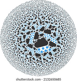 Snow cloud symbols are grouped into sphere group. Snow cloud icon spheric collage. Abstract sphere globula collage combined with snow cloud symbols.