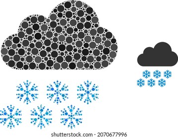 Snow cloud vector composition of round dots in different sizes and color tints. Round dots are organized into snow cloud vector composition. Abstract vector design concept.
