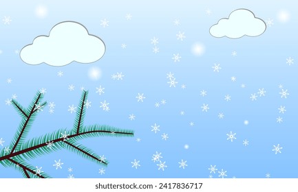 Snow from the clouds. View from the window. Blue sky, on which you can see a Christmas tree branch, clouds and snowflakes. Shining stars begin to be visible in the sky.