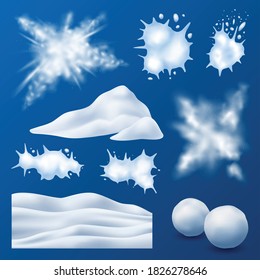 Snow clouds wavy snowdrift mounds exploding bursting snowballs splats realistic elements set blue background vector illustration 