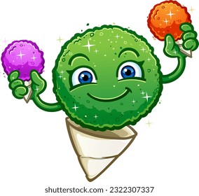 snow cone cartoon character a refreshing green lime frozen treat holding two orange and grape shaved ice treats on a perfect summer day