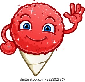snow cone cartoon character a refreshing red cherry sweet frozen treat waving happily and sparkling on a hot summer day 