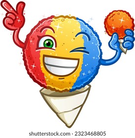 snow cone cartoon character a refreshing rainbow sweet frozen treat pointing and winking on a hot summer day 