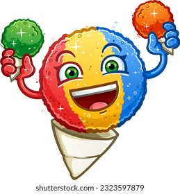 snow cone cartoon character a refreshing rainbow sweet frozen treat holding two orange and lime shaved ice treats on a hot summer day 