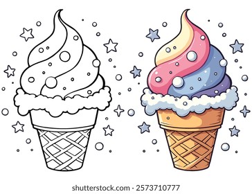 Snow Cone and Ice Cream Line Art Vector Illustration Black and White with Coloring Sample. Bold and Easy Food, Sweets, Drinks, Dessert, and Snacks Coloring Pages for Adults and Kids.