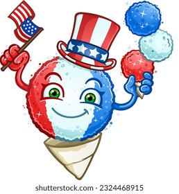 snow cone in red white and blue colors wearing an uncle sam hat and  balancing a stack of snowcones with an American flag in his hand 