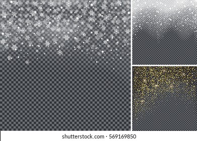 Snow Confetti On Transparent Background Poster. Gold Glitter Explosion Set. Collection Of Golden And Silver Festive Blow Texture Of Confetti. Vector Illustration Of Attributes For Holiday Decoration