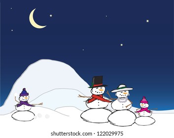 A snow couple stand together with one child. One snow child on the left side is throwing a snowball towards them. They are enjoying a cool winter's evening.