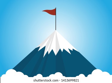 A snow cover mountain above the cloud level with a red flag on the top of the mountain on blue sky -Business goal achievement point