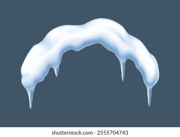 Snow covered arch with icicles realistic vector illustration. Traditional winter season nature design 3d object on grey background