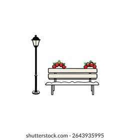 a snow covered bench under streetlight with wreath