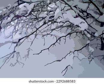 Snow covered branches - beautiful winter landscape. A view in a park or in a forest - snow-covered branches of a tree for wallpaper, textiles, fashion trends, covers, interiors, fabric products, etc.