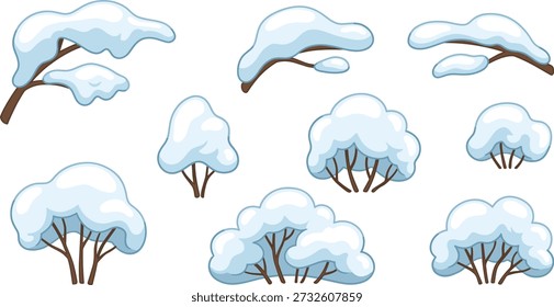 Snow covered bushes and tree branches vector set, cartoon winter plants and snowdrifts, ideal for seasonal landscapes, frosty gardens, holiday backgrounds and nature illustrations.