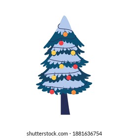 Snow covered Christmas tree with Christmas decorations. Modern vector