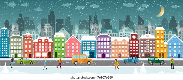 Snow covered city with houses, cars, people. Winter cityscape. Christmas and new year holidays.