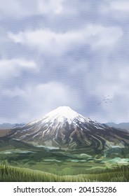 Snow covered cloudy mountain peak scenery  