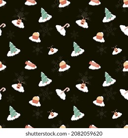snow covered Deer Head, cupcake, Christmas tree, candy, candy cane, snow flake seamless repeat pattern for packaging, textile, gift cover, background for Christmas design project.