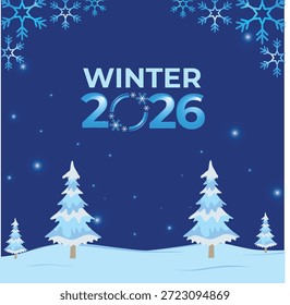 Schneebedeckte Waldkiefer Landschaft Winter Wunderland 2026 Frohes neues Jahr Feier festliche Illustration Hintergrund