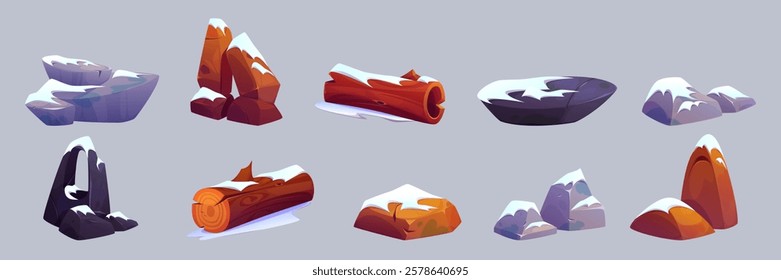 Snow covered game assets - cartoon rocks, logs and boulders. Winter landscape elements - wooden trunks, stone arches, peaks with white snowy textures. Seasonal environment props for digital games.