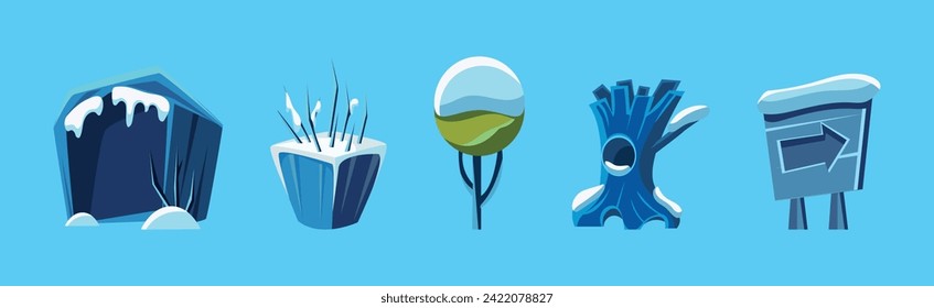 Snow Covered Game Element and Landscape Object Frozen in Winter Vector Set