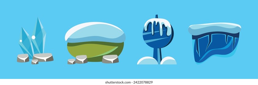Elemento de juego cubierto de nieve y objeto paisajístico congelado en conjunto de vectores de invierno