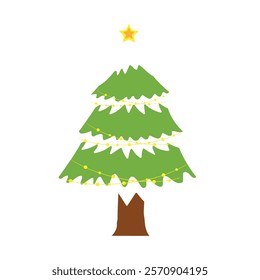 Snow Covered Green Pine Tree With Decorative Christmas Lights Illustration