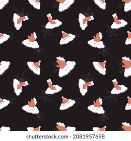 snow covered hat, gloves, socks snowflakes seamless repeat pattern for packaging, textile, gift cover, background for Christmas design project.