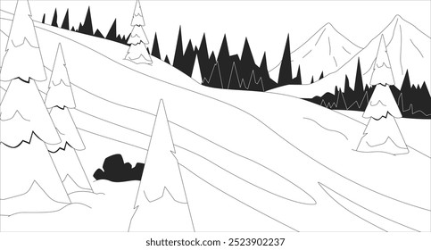 Schneebedeckter Hügel Hang schwarz-weiß Linie Illustration. Wald Berggipfel Skigebiet 2D Landschaft monochrome Kulisse. Schneebedeckter Hang mit verschneiten Fichten. Tiefgefrorene Szene, Vektorbild