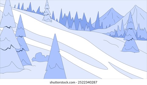 Schneebedeckter Hang flache Illustration. Wald Berggipfel Skigebiet 2D Landschaft Cartoon Hintergrund. Schneebedeckter Hang mit schneebedeckten Fichten und Tannen. Tiefgefrorene Szene, Vektorbild