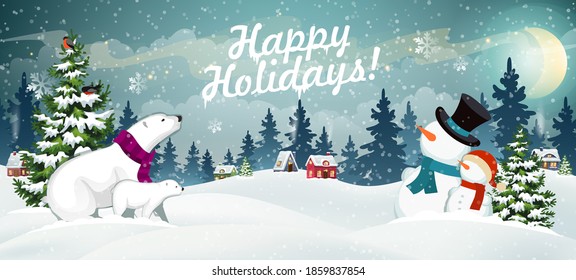 Snow covered hills, houses, snowmen and polar bears with Christmas tree. Winter Christmas Landscape Vector Background. Christmas holidays illustration