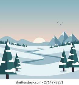 Snow covered hills pine trees cozy cottages a winding path and distant mountains under a soft sunrise sky