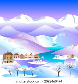 Snow covered hills and trees. A village in the distance. Mountains in the background.Winter landscape.