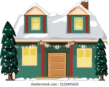 Snow covered house with Christmas light string illustration