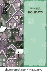 Snow covered house on Happy Winter celebration greeting background for Merry Christmas in vector