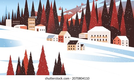 snow covered houses in winter season residential houses area ski resort concept new year and christmas celebration