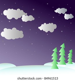 Snow covered landscape with green trees under dark cloudy sky with shiny stars