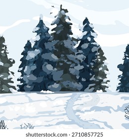 Un paisaje cubierto de nieve con un camino que conduce a un bosque de pinos. Los árboles están desnudos y cubiertos de nieve y los pájaros están volando en el cielo