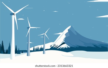 Snow covered landscape with wind turbines in the foreground and mountain in the background. Wind power plant and factory. Wind turbines Green energy industrial concept. Vector illustration. Flat style