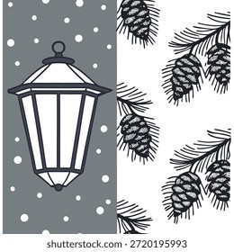 Lanternas cobertas de neve e pinecones padrão de azulejos sem costura com conceito de encanto de inverno como lanternas cobertas de neve e pinecones adicionar encanto de inverno a um padrão de azulejos sem costura perfeito para decoração festiva no Photo Stock Concept e espaço vazio no lado esquerdo, sem texto —ar 7:2 —tile