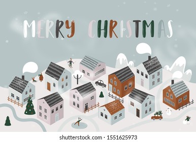 Snow covered little town. Merry Christmas illustration.