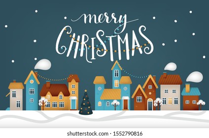 Snow covered little town. Merry Christmas illustration.