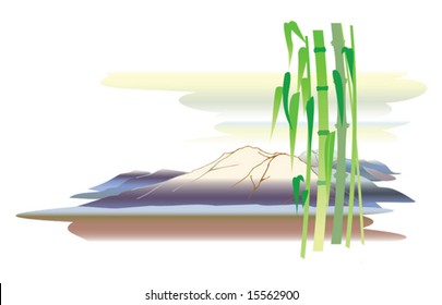 Snow covered mountain and bamboo