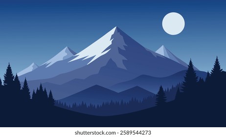 Snow covered mountain landscape featuring trees under a bright moonlight flat vector illustration