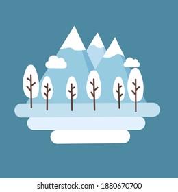 Ilustración vectorial plana del paisaje montañoso cubierto de nieve. Decoración de los árboles de invierno. Concepto de temporada de invierno y navidad