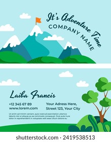 Snow covered mountain peaks with flying flag, hills and trees. Its adventure time. Carte de visite with name and phone number, website and address. Business or visiting card, vector in flat style