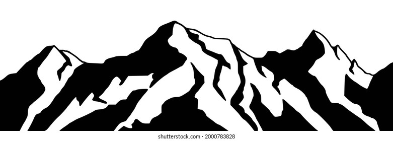 Snow covered mountain peaks, mountain range panoramic view, black and white landscape