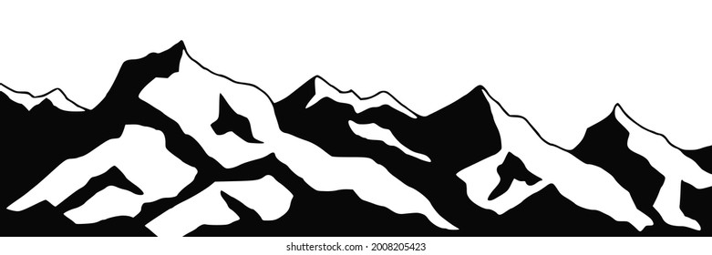Snow covered mountain peaks, mountain range panoramic view, black and white landscape