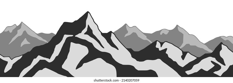 Snow covered mountain peaks, mountain range panoramic view, black and white landscape